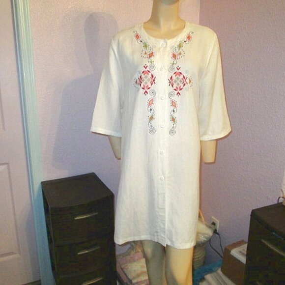 ANCORA Embroidered LINEN Blend Size L XL TUNIC Blouse Top BEADED Button Up VTG - Picture 1 of 7